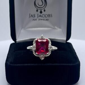 Beautiful 4ct Emerald Cut Lab Grown Ruby Ring Size 8